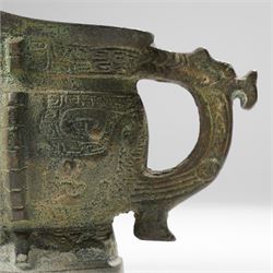 Chinese archaistic bronze wine vessel, Shang dynasty style but 20th century, W25cm; together with a Tang dynasty style model of a rearing horse, H17.5cm (2)