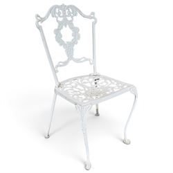 Regency design white-painted aluminium garden table, square pierced top with scrolling acanthus leaf decoration, splayed supports joined by pierced circular under-tier (W75cm H72cm), the chairs with scrolling and floral garland design backs over pierced foliate seats with cabriole supports (W48cm H90)