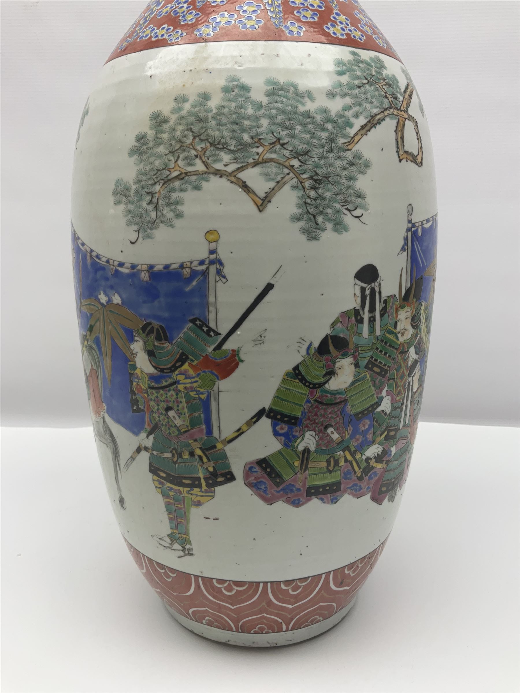 19th century Chinese floor vase of baluster form, hand painted with warriors and the emperor, the neck decorated with floral patterns and panels with landscapes, H64cm