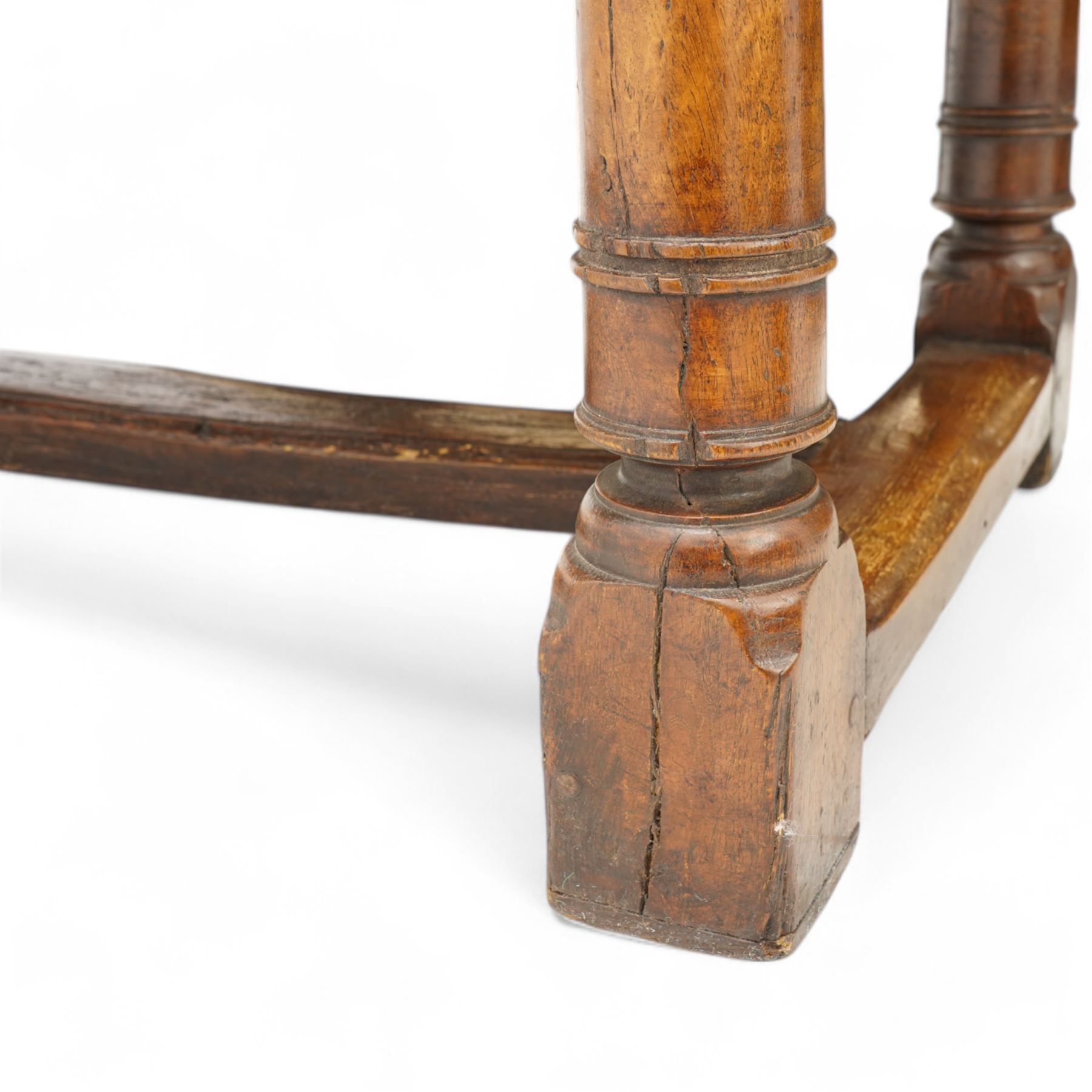 Jacobean design elm and oak refectory dining table, rectangular three plank top with cleated ends, moulded frieze rails on turned supports united by moulded stretcher rail
