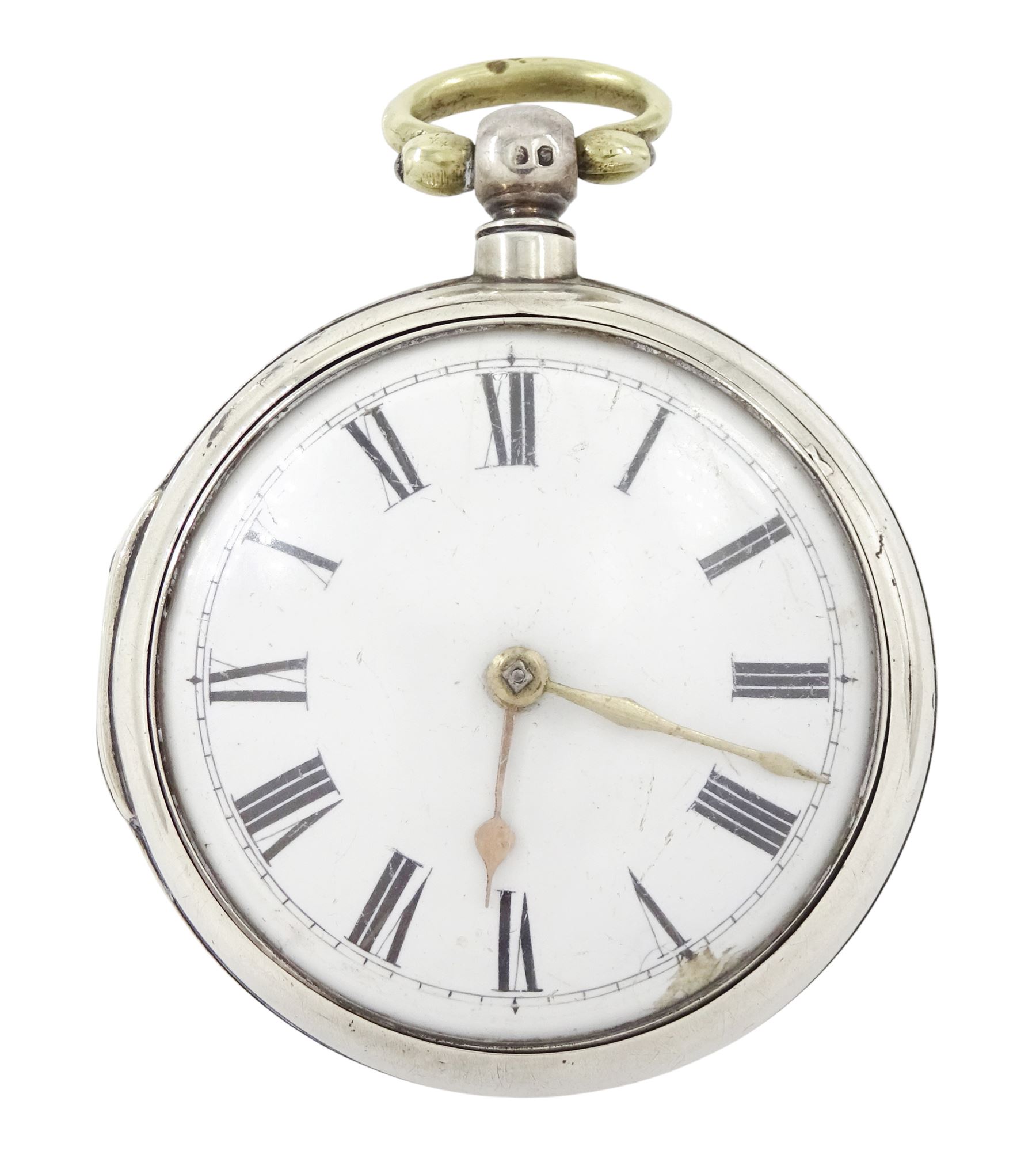 George III silver pair cased verge fusee pocket watch by Edward Davenport, London, No. 7756, white enamel dial with Roman numeral hour markers, case by Joseph Glenny, London 1806
