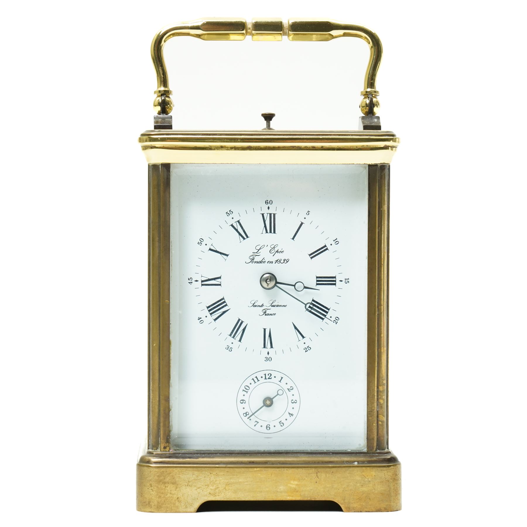 French carriage clock, the white dial inscribed 'L'Epee Fondee en 1839, Sainte Suranne, France,  with repeater movement and alarm in brass and bevelled glass case H13cm