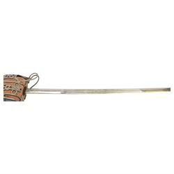 Reproduction Scottish basket infantry sword, 1828 pattern, the L79cm blade, etched with thistles and scroll work, dome pommel with a ball finial, basket hilt with heart piercing, with a steel scabbard, overall L98cm