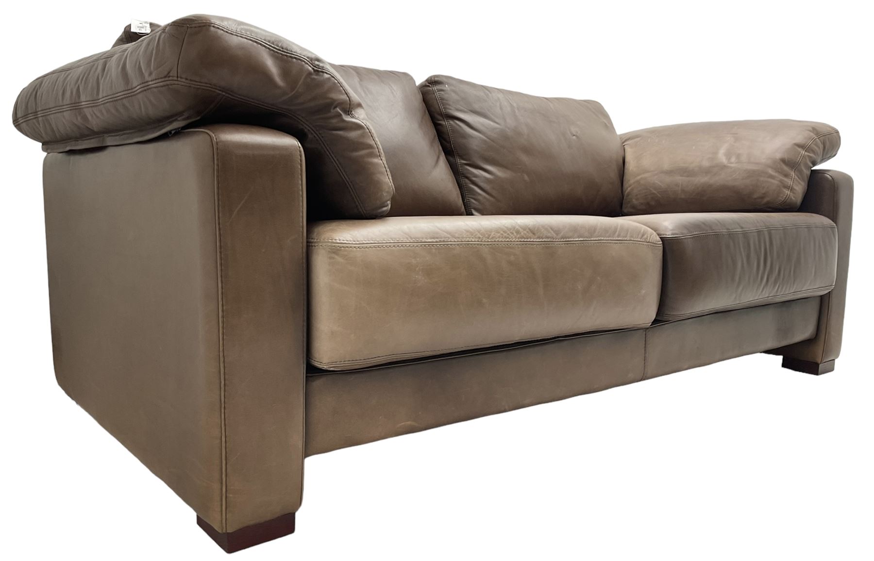 Heals - contemporary two seat 'Palermo' sofa, upholstered in chocolate brown leather, raised on wooden block feet
