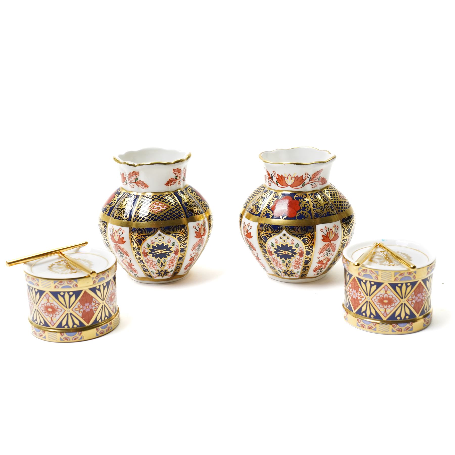 Pair of Royal Crown Derby Old Imari Viola vases, pattern 1128, boxed, H8cm; together with a pair of miniature toy drums, boxed (4)