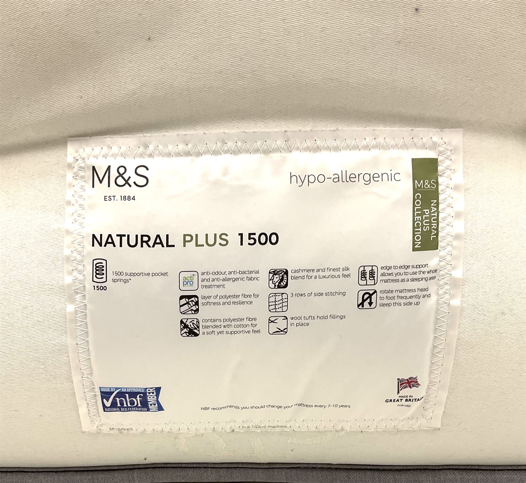 M&S Natural Plus 1500 4’ 6” double mattress