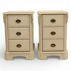 Contemporary French design white painted bedroom suite retailed by Barkers of Northallerton, comprising wide chest fitted with four short and four long drawers with oval brass handles (H 70cm, W 159cm, D 46cm), pair of bedside chests each fitted with three drawers (H 62cm, W 40cm, D 46cm), dressing table fitted with four short drawers and central kneehole with shaped apron (H 79cm, W 131cm, D 46cm) with matching framed wall mounted mirror (H 100cm, W 113cm), and full length standing mirror (H 175cm, W 73cm)