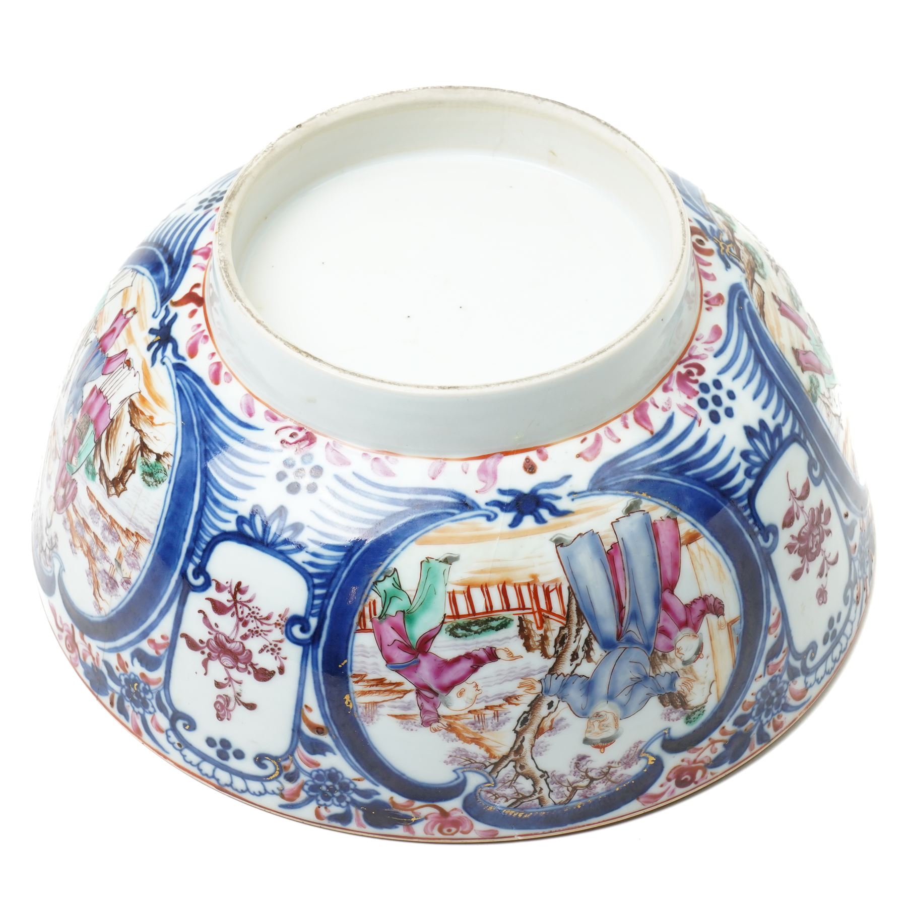 19th century Chinese famille rose punch bowl, decorated with panels of traditional scenes within blue decoration, D26cm 