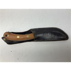 WW2 British Air Ministry RAF Aircrew type release knife, blade dated 1939, with two-piece mahogany grip and associated leather sheath 28.5cm overall; and two Perkins necking/camping knives, one with plain blade and horn handle in leather sheath with State of Oklahoma button 21cm overall, the other with damascus blade and pearwood handle (3)