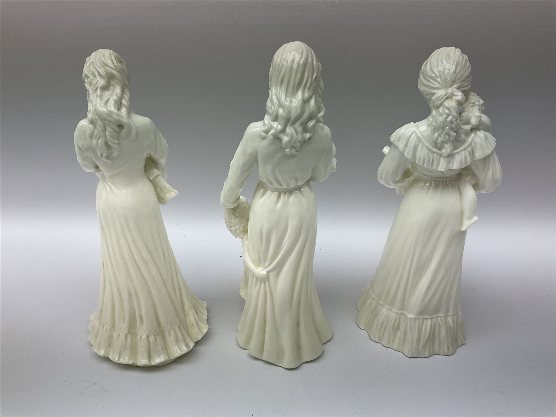 Six Royal Worcester figures, comprising The Wedding Day, New Arrival, The Christening, First Steps, Once Upon a Time and Sweet Dreams, all with printed marks beneath 