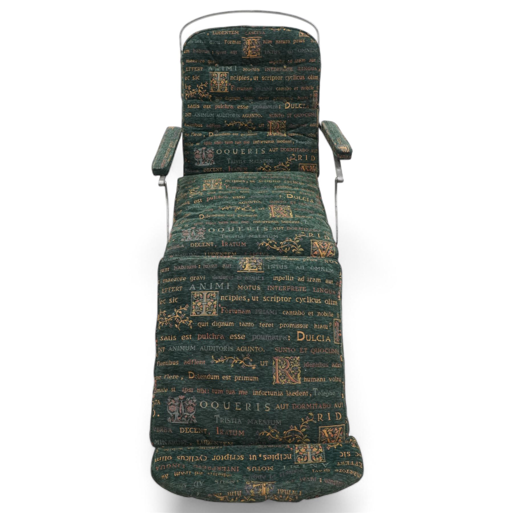 Victorian foldable day bed, button back padded arms, reupholstered in a green fabric with Latin script, turned feet with ceramic castors