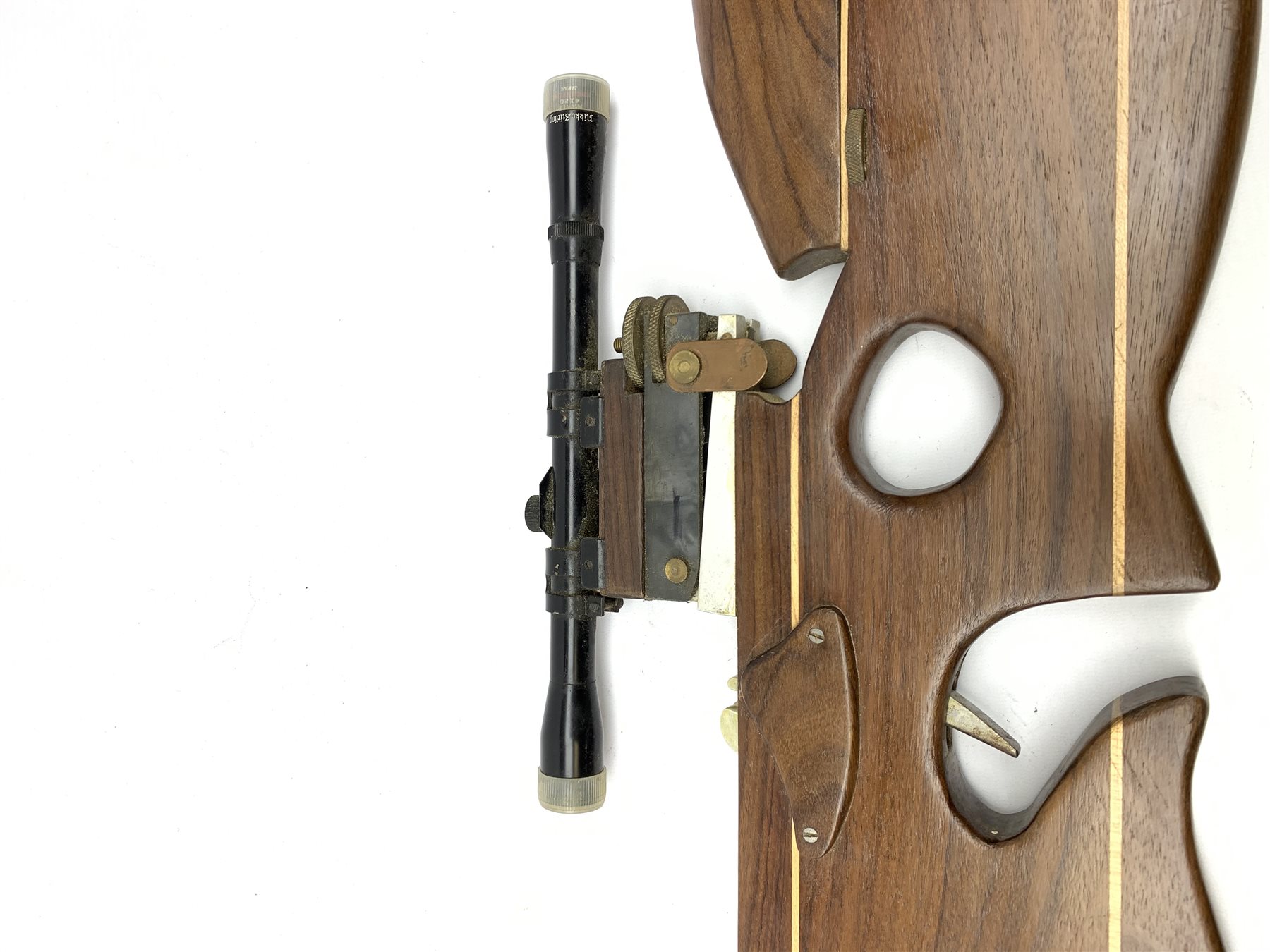 20th century crossbow with sectional mahogany shaped stock and Nikko Stirling telescopic sight L89cm; together with another similar with hinged foresight; and six arrows (8)