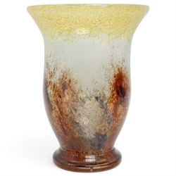 Large 1930s WMF Ikora glass vase designed by Karl Weidmann, of tulip form in shades of brown and yellow, unmarked, H29.5cm 