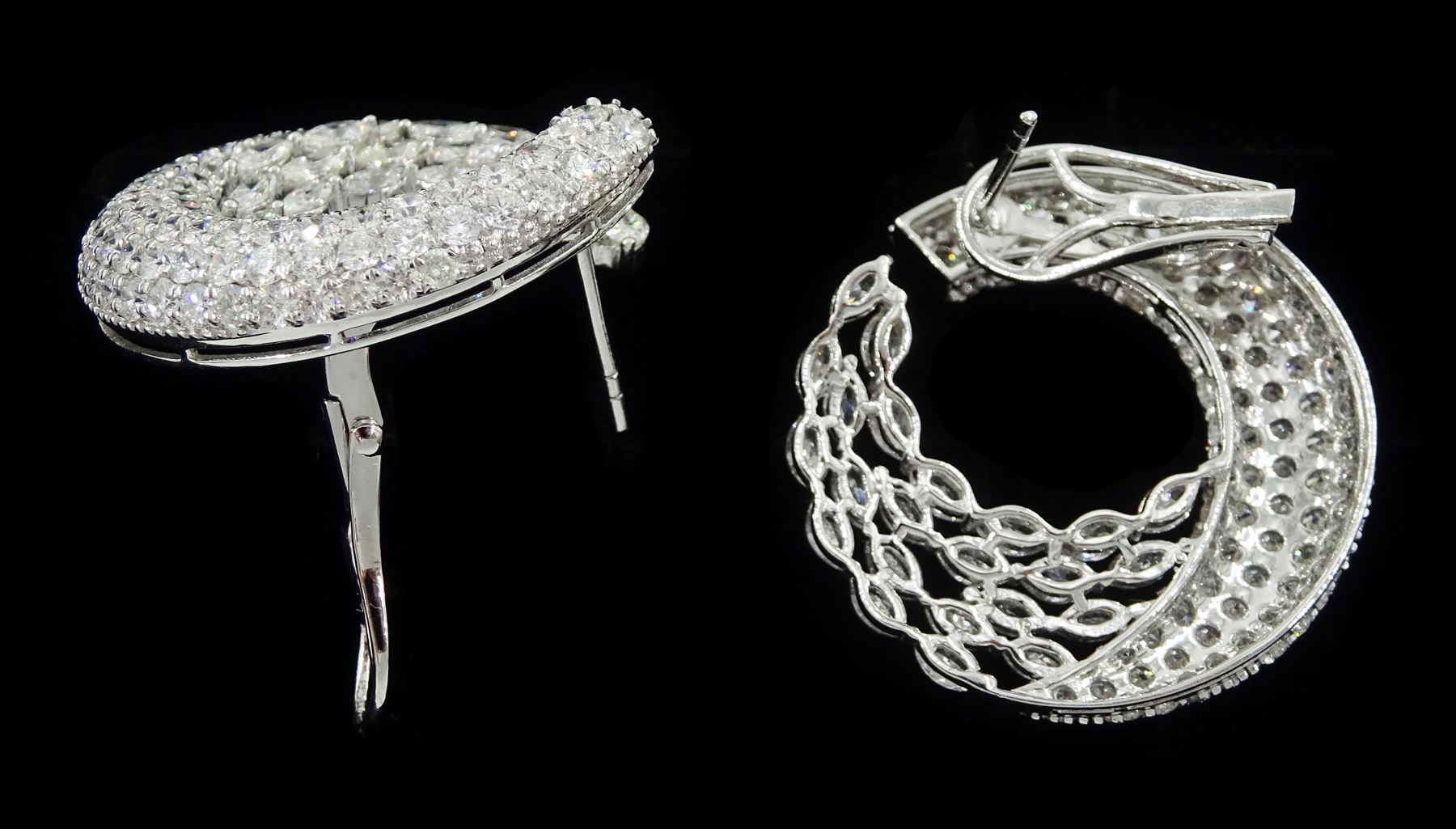 Pair of 18ct white gold marquise cut and pave set, round brilliant cut diamond crescent stud earrings, stamped, total diamond weight approx 9.30 carat