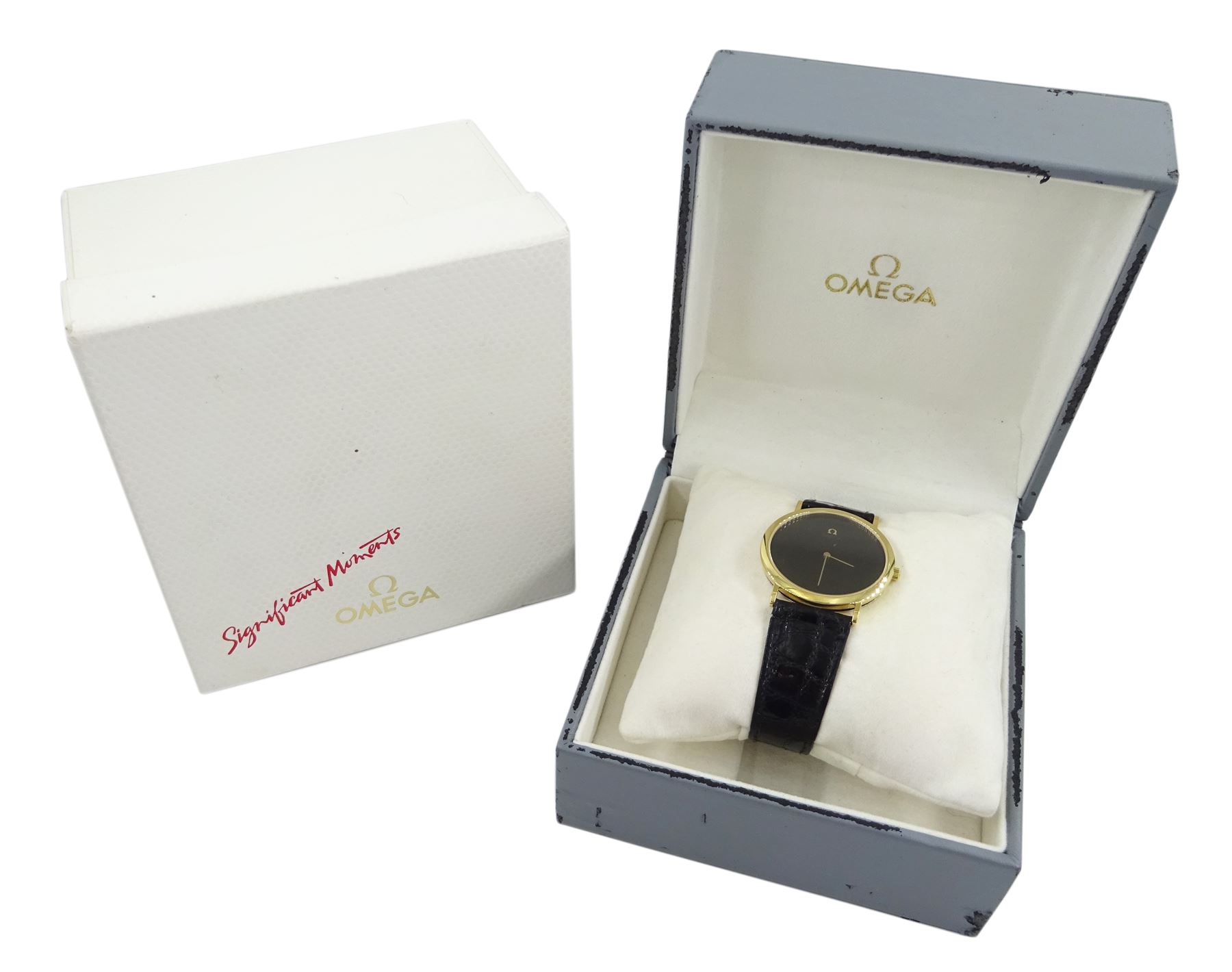 Omega De Ville gentleman's gold-plated gentleman's quartz wristwatch, Ref. 195 0075.2, Cal. 1375, on original black leather strap, boxed
