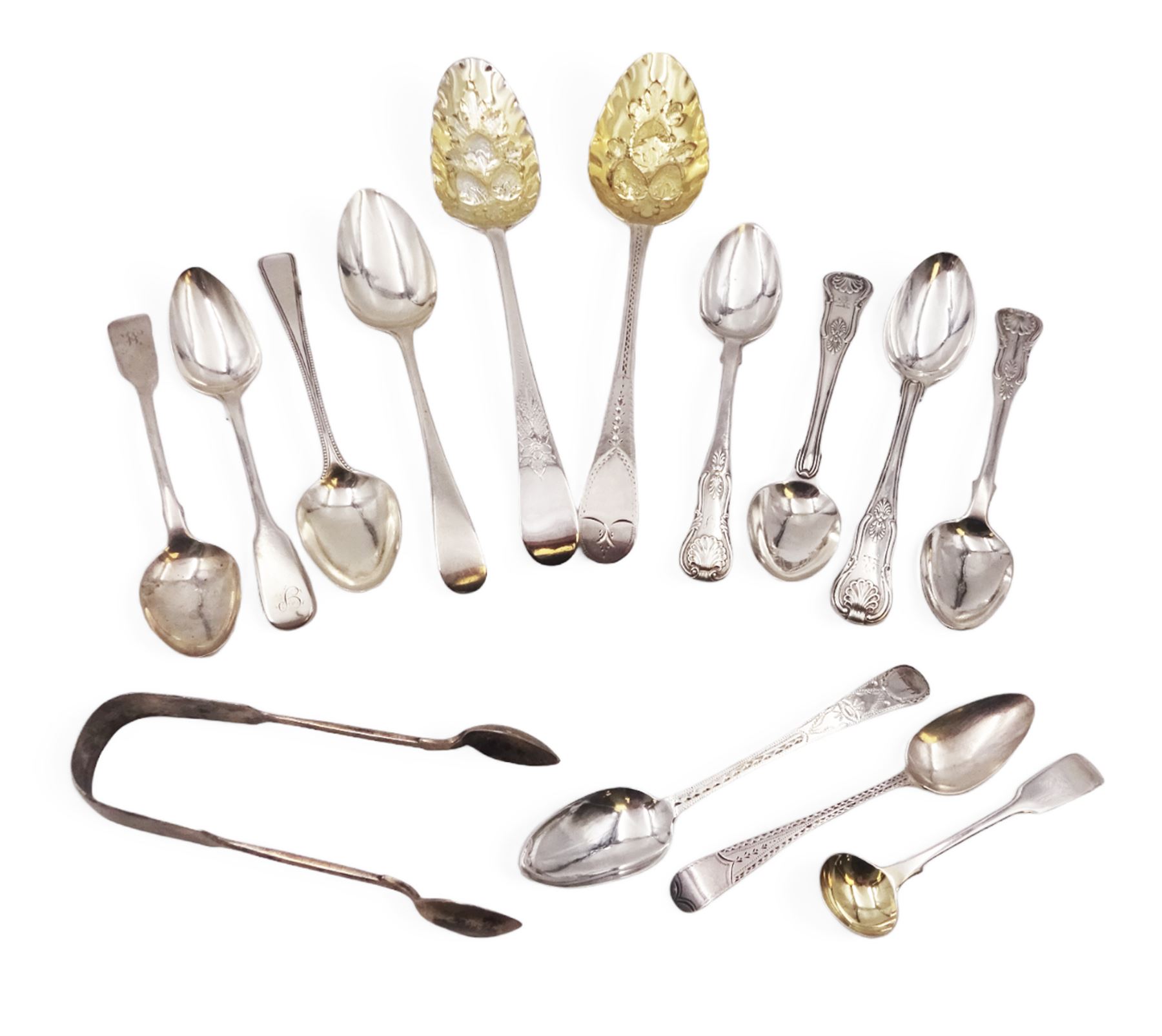 Georgian and later flatware, including two serving spoons, with later struck berry bowls, King's pattern teaspoons, mustard spoons, etc, all hallmarked 