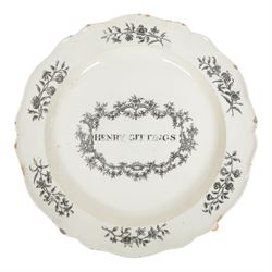 Late 18th century named creamware plate with black printed decoration, of circular form wi...
