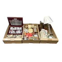 Cased Housley canteen, Greist Rotary buttonholer,  oak boxes, quantity of coins, copper jug, table lamp etc in three boxes

