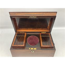 Tea caddy of sarcophagus form, two removable lidded interior compartments with space for a mixing bowl, with loop handles and four brass bun feet, together with rosewood and mother of pearl inlaid writing box, the hinged lid inlaid with foliate decoration lifting to reveal fitted interior, with two glass inkwells, tea caddy H20cm