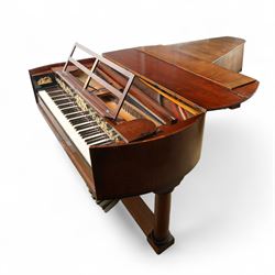 Austrian “Viennese” Grand Piano by Joseph Böhm c1820.
Straight triple strung, with a Viennese action and adjustable escapement rail, some new dampers and damper felt with leather covered hammers, string gauges marked on the wrest plank, soundboard appears to have been shimmed in places, bridge in good condition, possibly re-strung at some time with one tuning pin and two strings missing. Action with good repetition and damping, however some adjustment may be necessary to both the action and pedals. Six octave keyboard, with 78 keys C1-F7, with Ivory naturals and ebony sharps, lyre supported on a stretcher with seven pedals, Bells & Drum, Treble Sustain, Full Sustain, Piano & Pianissimo, Bassoon Stop and Una Corda. Adjustable open lattice music desk. Ebonised panel above the keys with maker name and decorative gilt mounts depicting imperial eagles, grapevines, scrollwork, and angelic trumpeters. Case raised on three circular columns with block supports. 
This instrument is typical of the type of piano being made in Vienna in the early 19th century and a type of piano possibly familiar to Beethoven during the period of the composers’ later compositions. This piano is thought to be one of the earliest known pianos by this maker and was discovered in Milan in the 1870’s. A retailer’s trade label from that period is attached to the soundboard.

Given the intricate nature of these historic instruments, specialist support will be available if required, to assist successful buyers with safe removal and onward handling. Price upon application. 

This item has been registered for sale under section 10 of the APHA Ivory Act Reference A2ZEXJGY