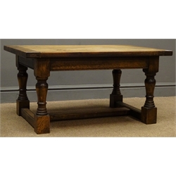  Early 20th century oak coffee table, turned supports joined by stretchers, W91cm, H46cm, D61cm  