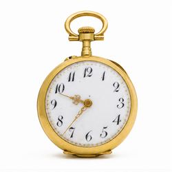 French 19th / early 20th century 18ct gold ladies cylinder fob watch, white enamel dial with Arabic hour markers, the back case set with rose cut diamonds, surrounded by embossed foliate decoration and engraved with initials 'D A', horses head hallmark