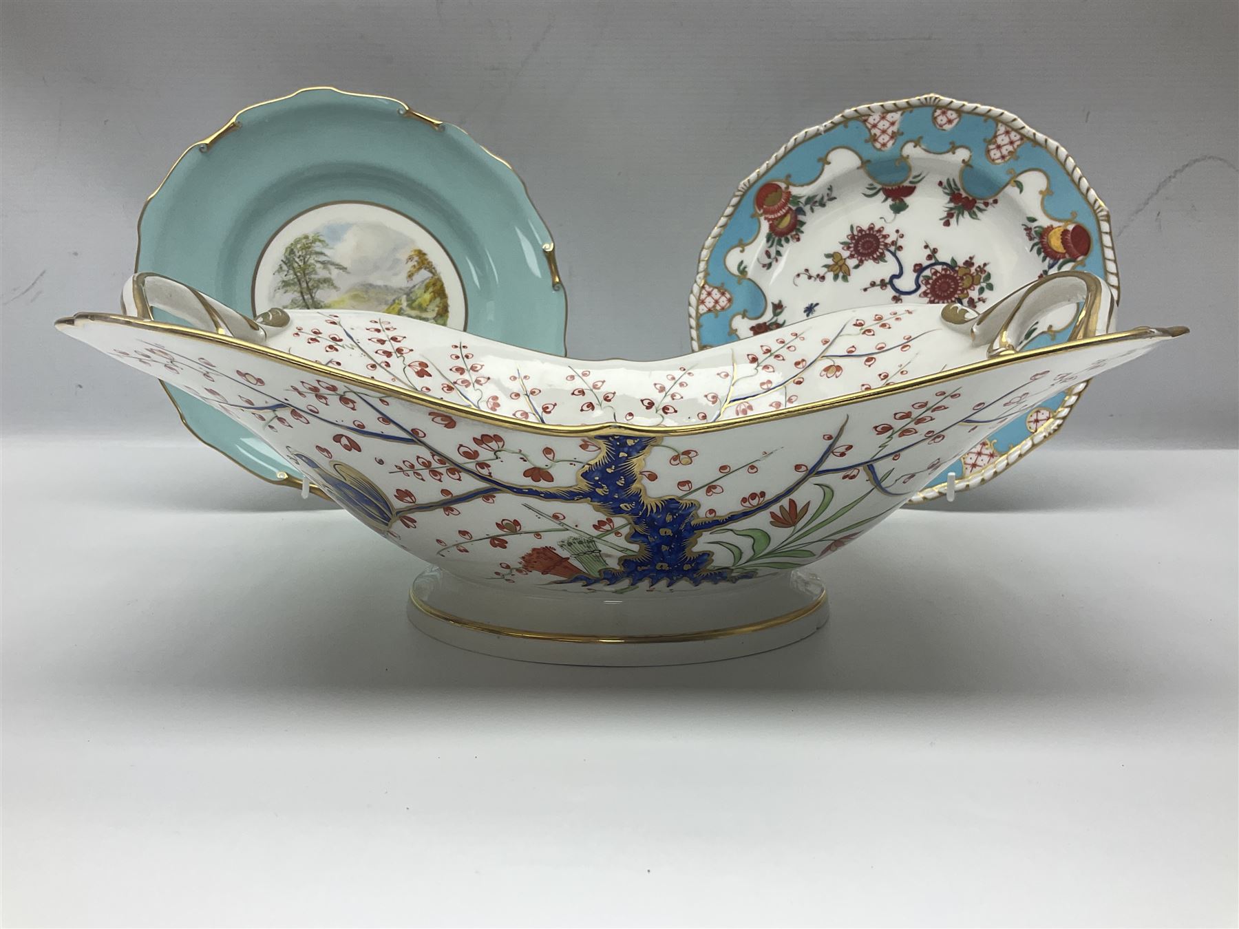 19th century Royal Crown Derby in cherry tree pattern, twin handled sauce dish and saucer and twin handled dish, together with three Royal Crown Derby plates, including one signed WEJ Dean