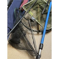 Collection of fishing rods and nets, including Alex Martin Scotia salmon rod, Shakespeare 1650, Allcocks Lucky Strike split cane rod and Chevron Pike 11ft, etc