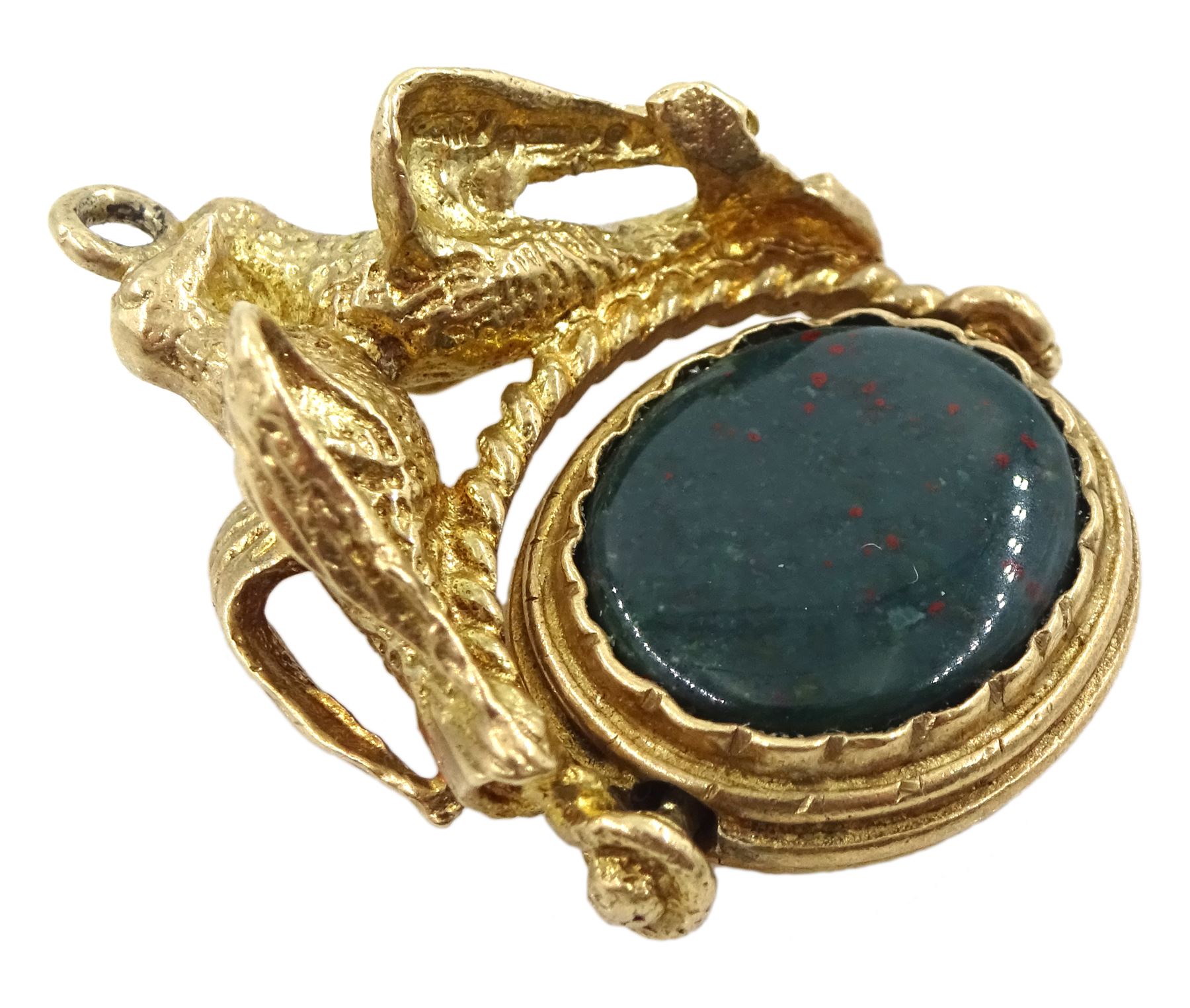 9ct gold bloodstone and green agate doves of peace pendant/charm, hallmarked