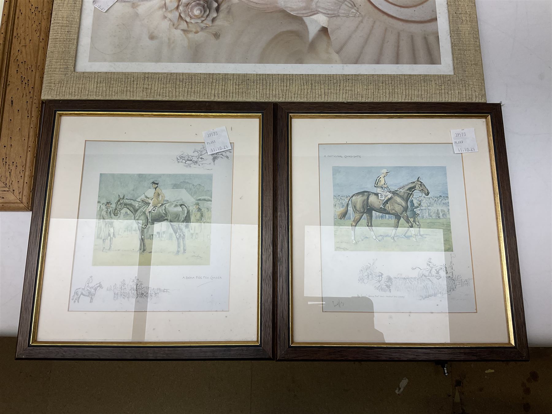 Pair of framed horse racing prints, A National Candidate and A Bona Fide Fox Chaser, together with seven other framed prints 