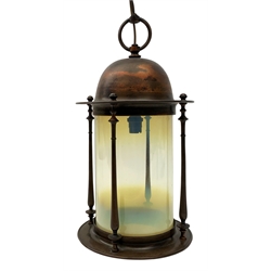 Arts and Crafts copper hall lantern, of cylindrical form with merging vaseline glass shade beneath a domed top, H42.5cm