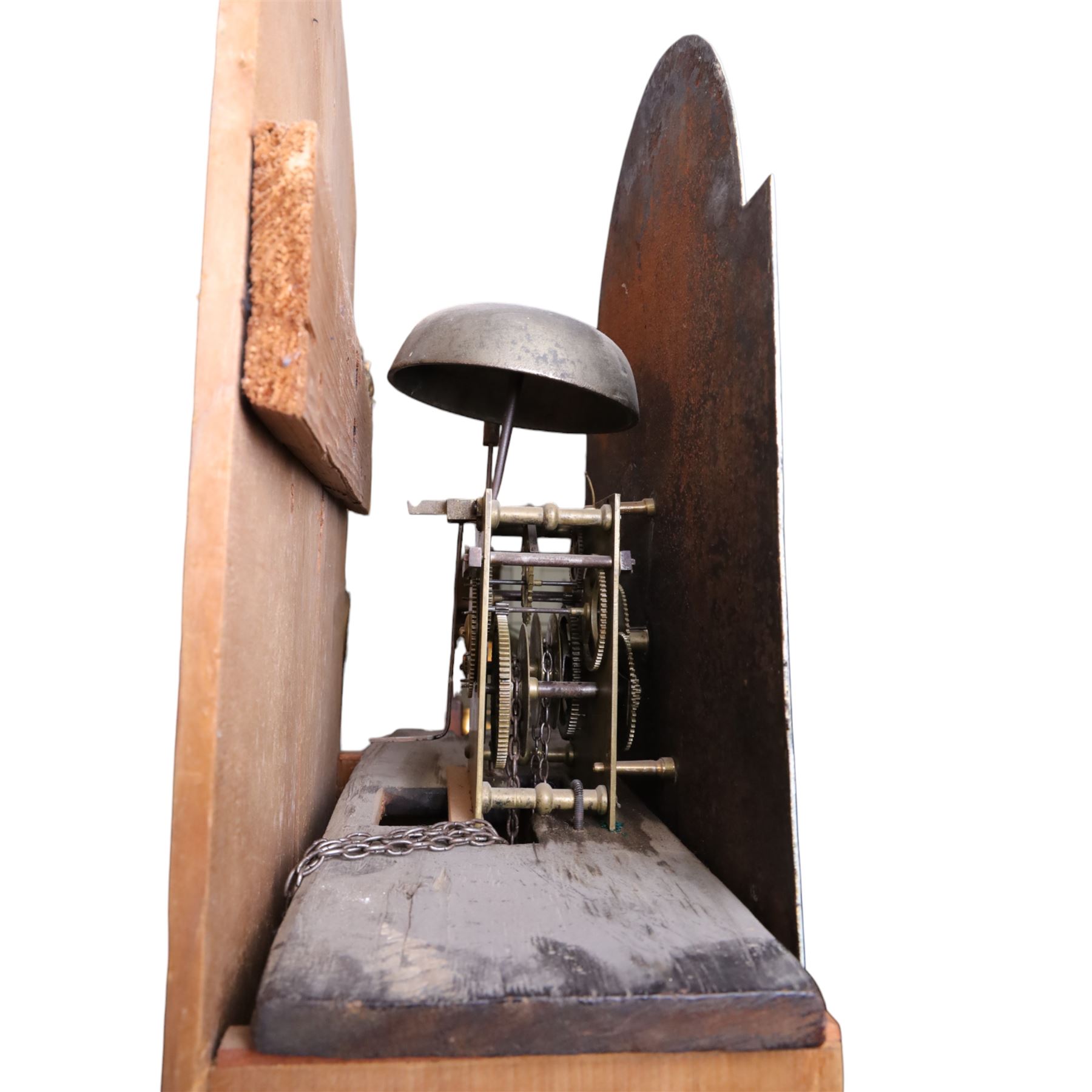 30-hour, 19th-century provincial pine weight-driven longcase clock, with a swan neck pediment, arched hood door with shaped columns with a long door with a shaped top on a square plinth with a shaped base, painted arched dial decorated with fruit and birds and patera decorated spandrels, brass hands, Roman numerals and minute track, dial pined to a chain driven countwheel striking movement, striking the hours on a bell, with a pendulum, back feet missing