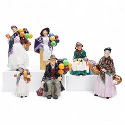 Six Royal Doulton figures, including Balloon Lady HN2935, The Orange Lady HN1759, Silks and Ribbons HN2017 and The Balloon Man HN1954 
