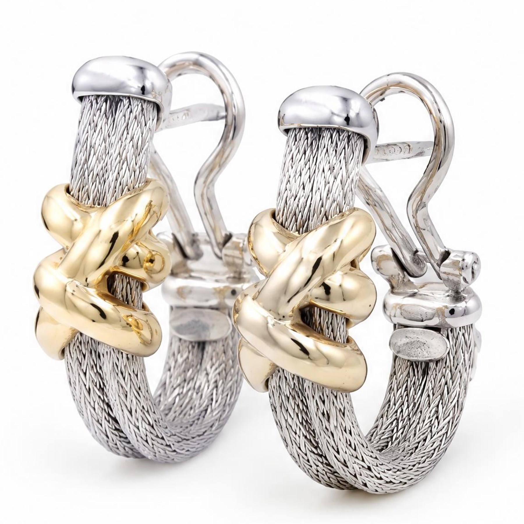 Silver and 18ct gold necklace, bracelet and earrings, two rows of silver mesh, spaced by gold cross motifs, retailed by Mappin & Webb, boxed