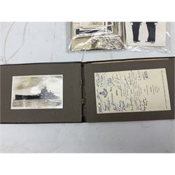 Disbound WW2 album relating to the battleship HMS King George VI containing over fifty various size loose photographs of the ship in action, guns firing, crew members, aircraft, two of George VI on board, three of Winston Churchill on board, official 1942 Christmas messages including Franklin Roosevelt etc; together with unrelated printed letter on 10 Downing Street notepaper from Winston Churchill; and Order of Service for Churchill's funeral at St. Paul's Cathedral 30th January 1965