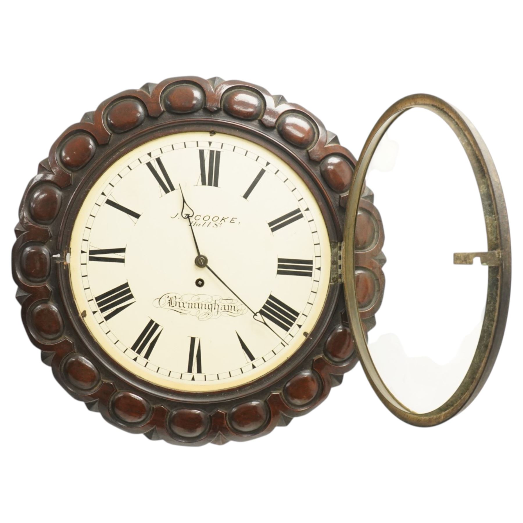 J T Cooke Birmingham - Victorian fussee wall clock, white enamel dial with Roman numerals signed J T Cooke, Hall Street, Birmingham, in mahogany case with egg and dart carved border 