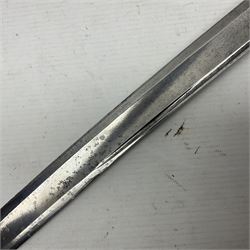 Late 18th century French 1st Empire Troupe a Pied Petit Montmorency Branch Tournante officer's sword, with 72.5cm slightly curving fullered blade, pierced brass hilt with lockable swivelling bar, fully wire-bound grip with lion head pommel, L88cm overall (no scabbard)