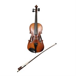 19th century violin, bearing indistinct label to interior, with single piece back, with bo...