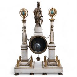 Chevallier of Paris - An early 19th century French Louis XV style white marble and gilt mounted portico clock surmounted by a figure from classical antiquity, with a drum case supported on a pair of reeded and tapered supports with celestial finials raised on a rectangular plinth base, with a white enamel dial with Roman numerals, five minute Arabic's, minute track and makers name,  8-day twin train countwheel movement with a silk suspension, striking the hours and half hours on a bell. 
With pendulum.