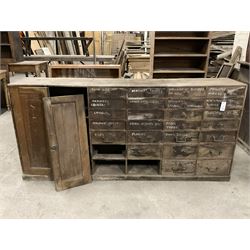 19th century pine multi-drawer workshop cabinet, fitted with double cupboard and drawers - THIS LOT IS TO BE COLLECTED BY APPOINTMENT FROM THE OLD BUFFER DEPOT, MELBOURNE PLACE, SOWERBY, THIRSK, YO7 1QY