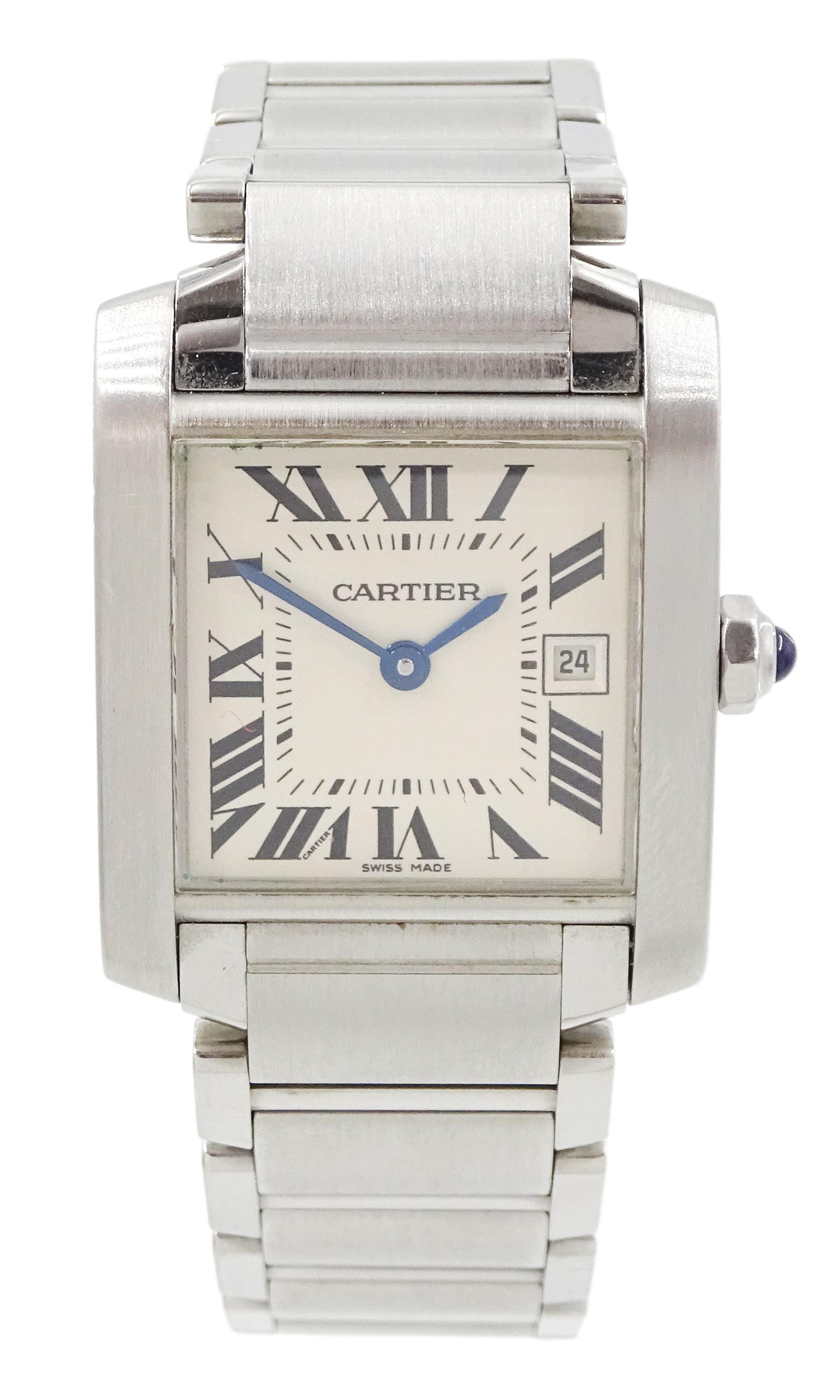 Cartier Tank Francaise mid size stainless steel quartz wristwatch, Ref. 2465, silvered dial with date aperture, on original stainless steel bracelet, with fold-over clasp, boxed with purchase receipt dated 2013