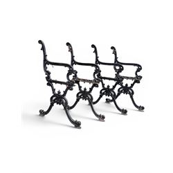 Carron Foundry - two pairs of 19th century cast iron garden bench ends, ornate detail with arms and X shaped legs,finish in black paint, the design no. 110396, first registered 13 July 1857 (see illustration), width as desired