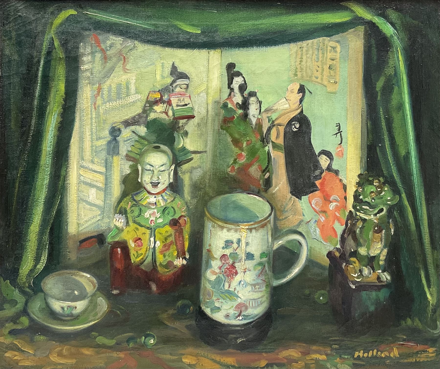 George Herbert Buckingham Holland (British 1901-1987): 'Chinese Theatre' still life, oil on canvas signed 51cm x 61cm