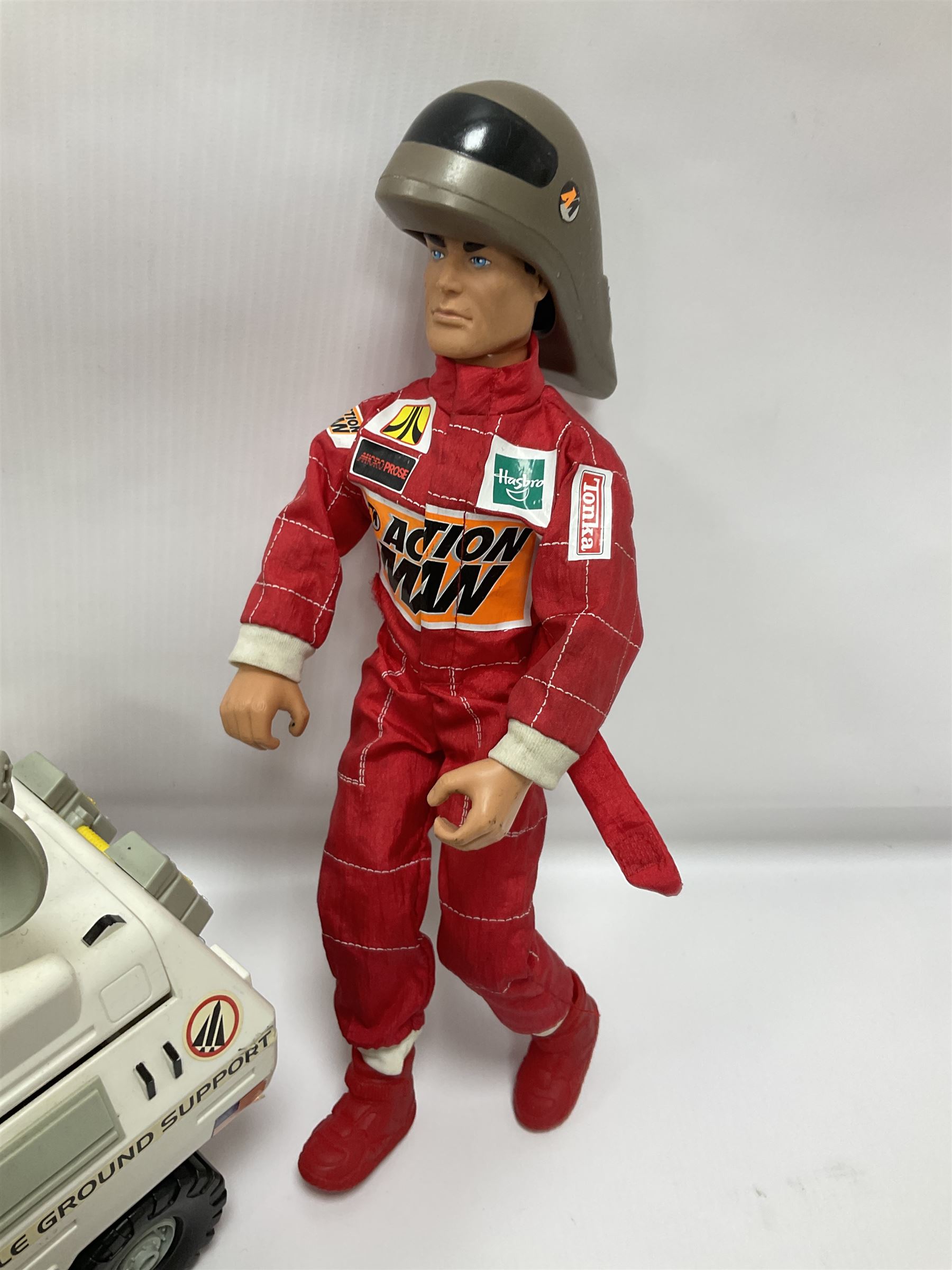 Manta Force Red Venom 1987 Bluebird Toys PLC toy plane with associated figures, with three more toy vehicles and figures comprising Lanard 1996 S.T.A.R Force Mobile Ground Support truck, Hasbro 2000 Action Man motorbike with side car, Sindy moped 