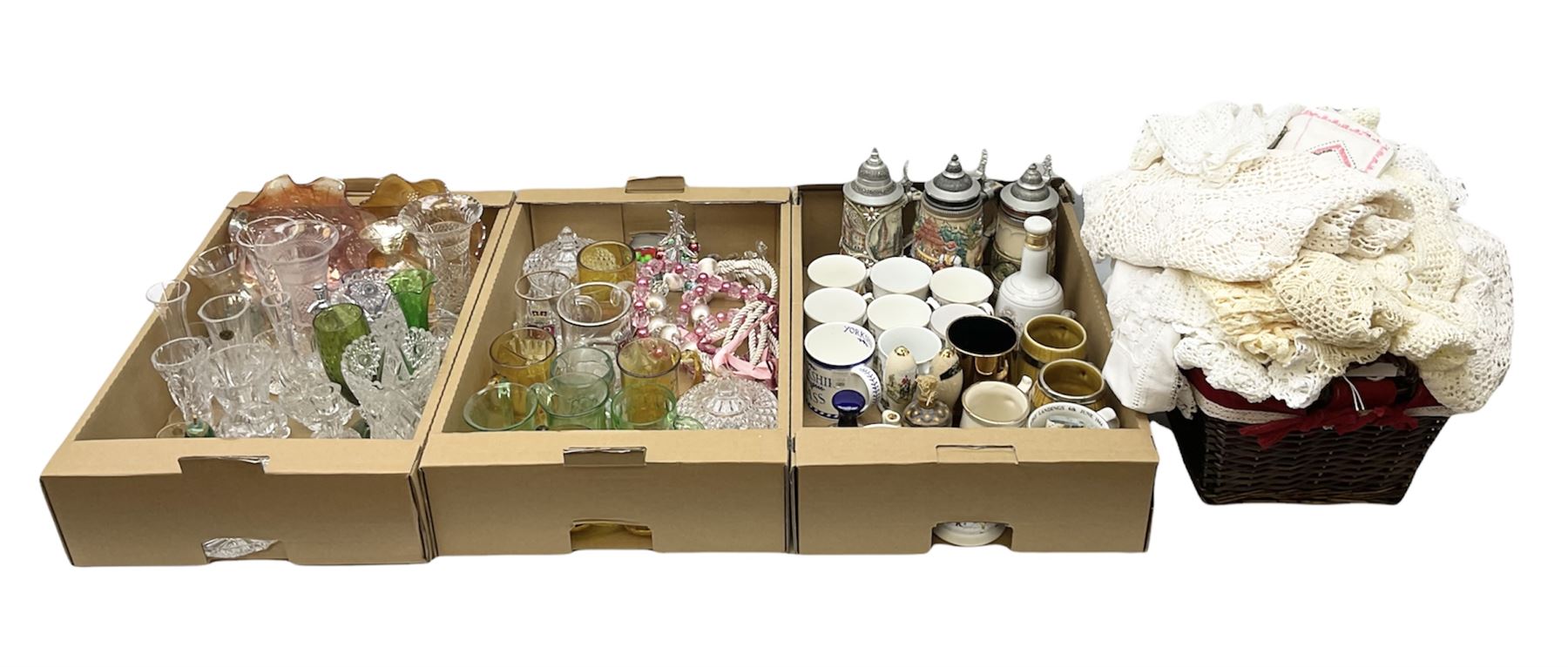 Large collection of glassware to include carnival glass, art glass paperweight, coloured glass, uranium glass, together with three covered steines, ceramic decanters etc, in four boxes 