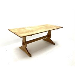 Vintage rectangular pine table, shaped supports, pegged cross stretcher, sledged feet