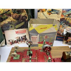 Mamod Minor 1 stationary live steam engine, line shaft, power hammer etc, attached to a wood board, with boxes and a quantity of Meccano 