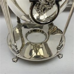 Edwardian silver plated swing handled basket, with pierced sides, engraved May 18 1904, with engraved initial A to handle, upon four ball and claw feet, together with other silver plated item including a similar swing handled basket, with embossed floral border, upon a rectangular pedestal, an egg coddler, with lion mask handles, hot water pot and a moulded glass biscuit barrel, coddler H22cm