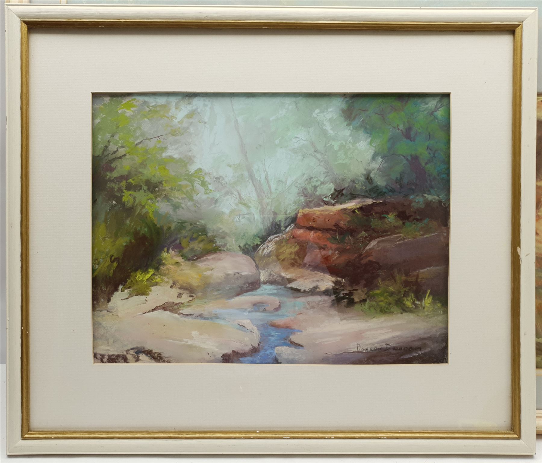 Jill Grinstead (British Northern Contemporary): 'Vanishing Coastline' Holderness, pastel signed, titled verso 48cm x 66cm; Doreen Dawson (20th century): River Landscape, pastel signed 34cm x 45cm (2)