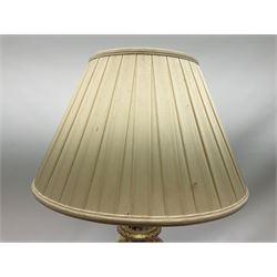 Table lamp of baluster form, decorated in the Oriental style with phoenix and dragon amidst blossoming flowers, with plated cream fabric shade, lamp base not including fixtures H35cm